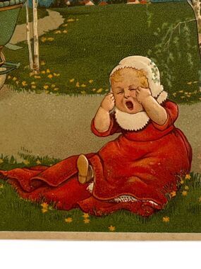 Antique 1908 Ephemera Postcard F & F Printed In Germany Carriage Children Crying